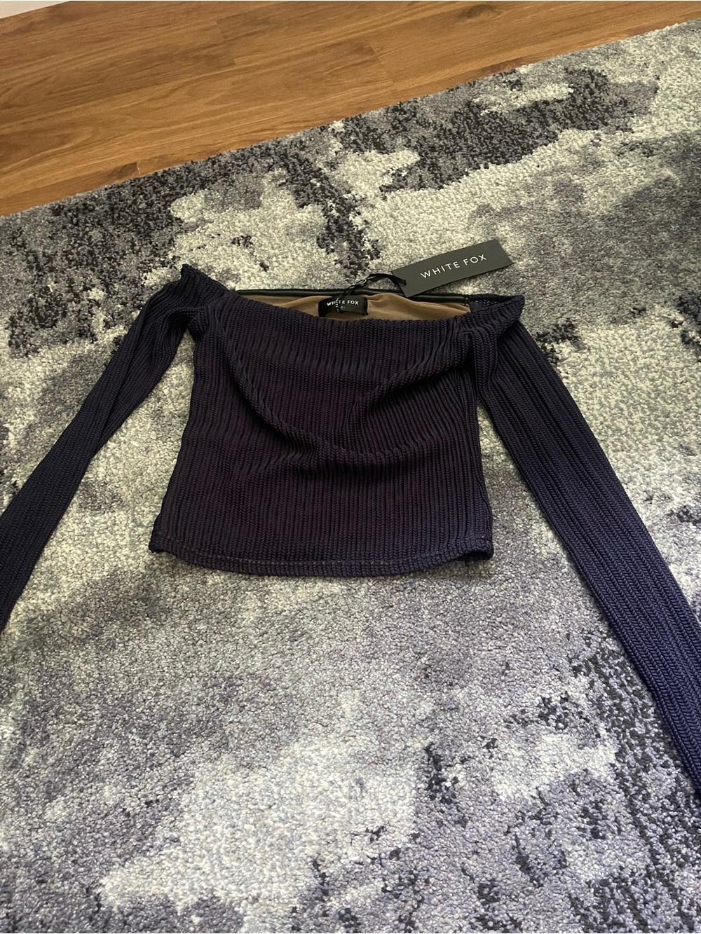 (5/$20) White Fox Boutique Navy Off-Shoulder Ribbed Long Sleeve Top